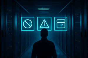 Especialista investigando falha de acesso ao Admin do Magento em corredor de servidores