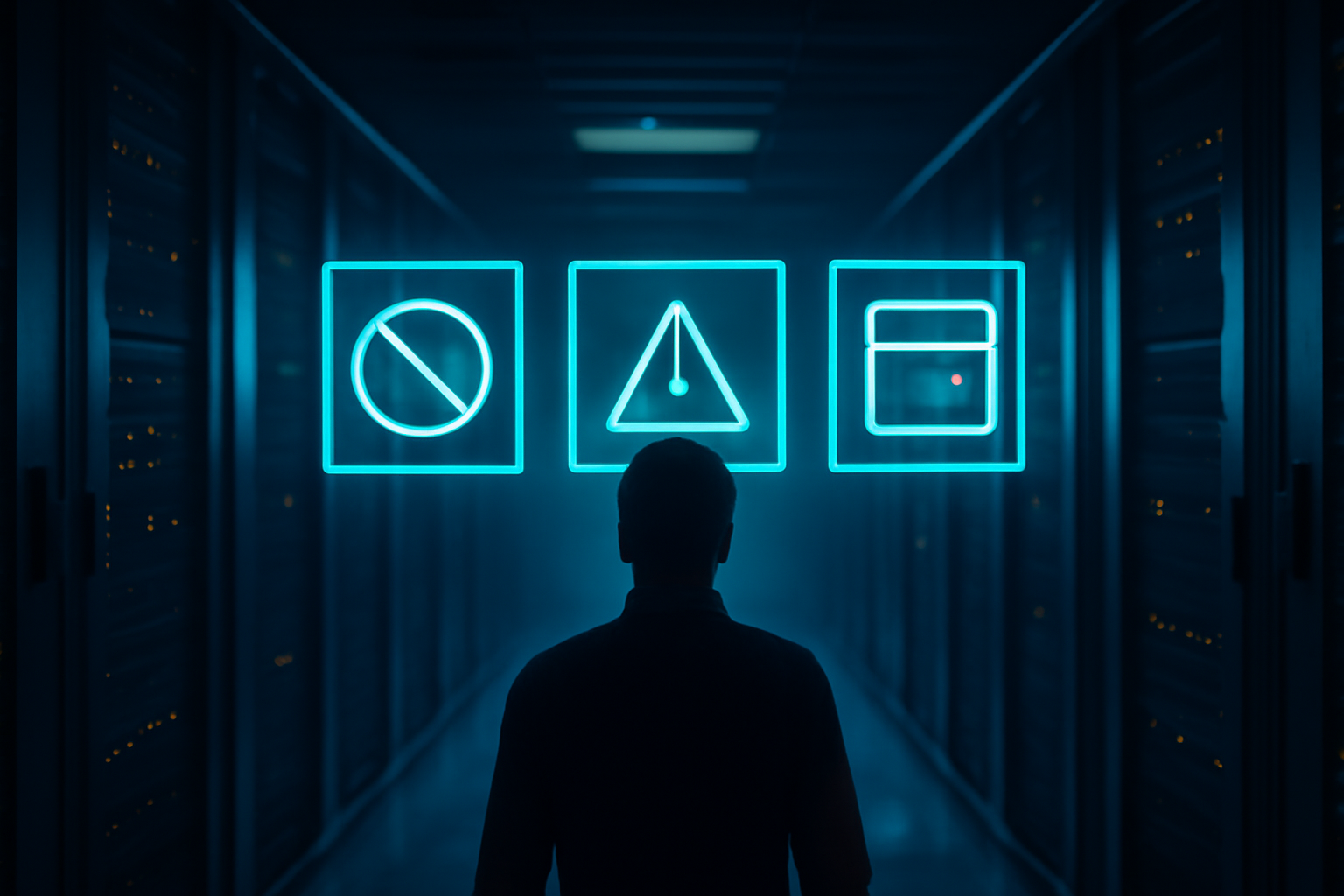 Especialista investigando falha de acesso ao Admin do Magento em corredor de servidores
