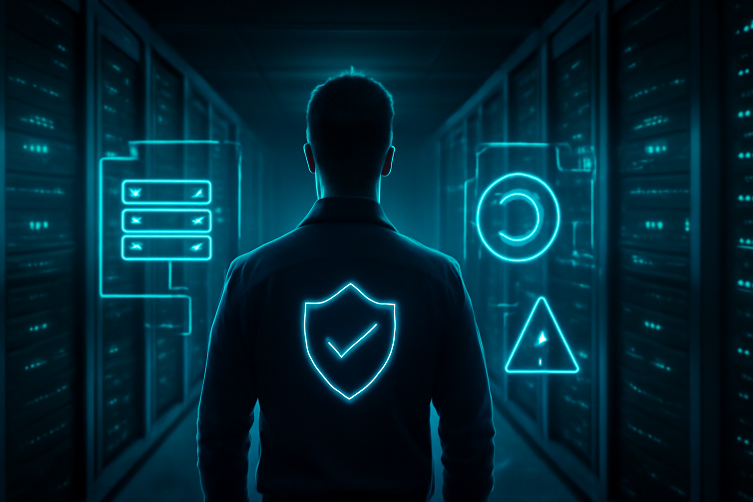 Especialista em data center analisando alerta de segurança e atualização de servidores Magento