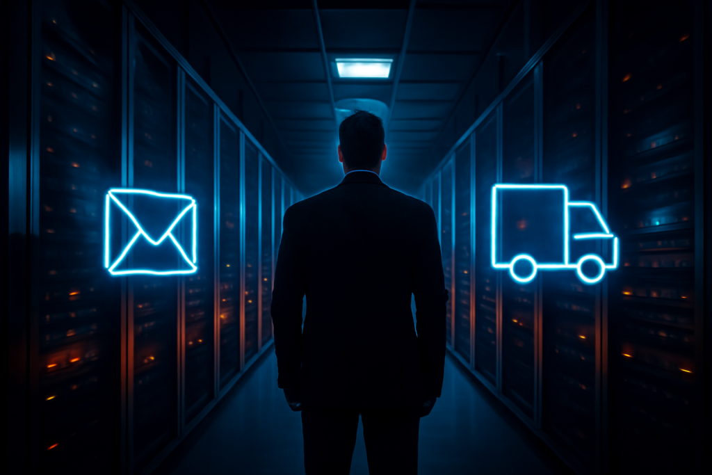Profissional analisando servidores e o fluxo de e-mails transacionais de uma loja virtual