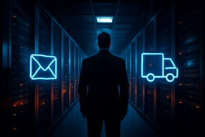 Profissional analisando servidores e o fluxo de e-mails transacionais de uma loja virtual