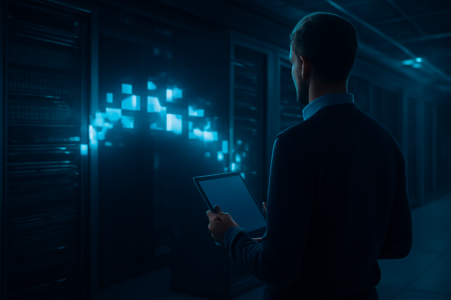 Especialista avaliando a migração de uma plataforma de e-commerce em um data center