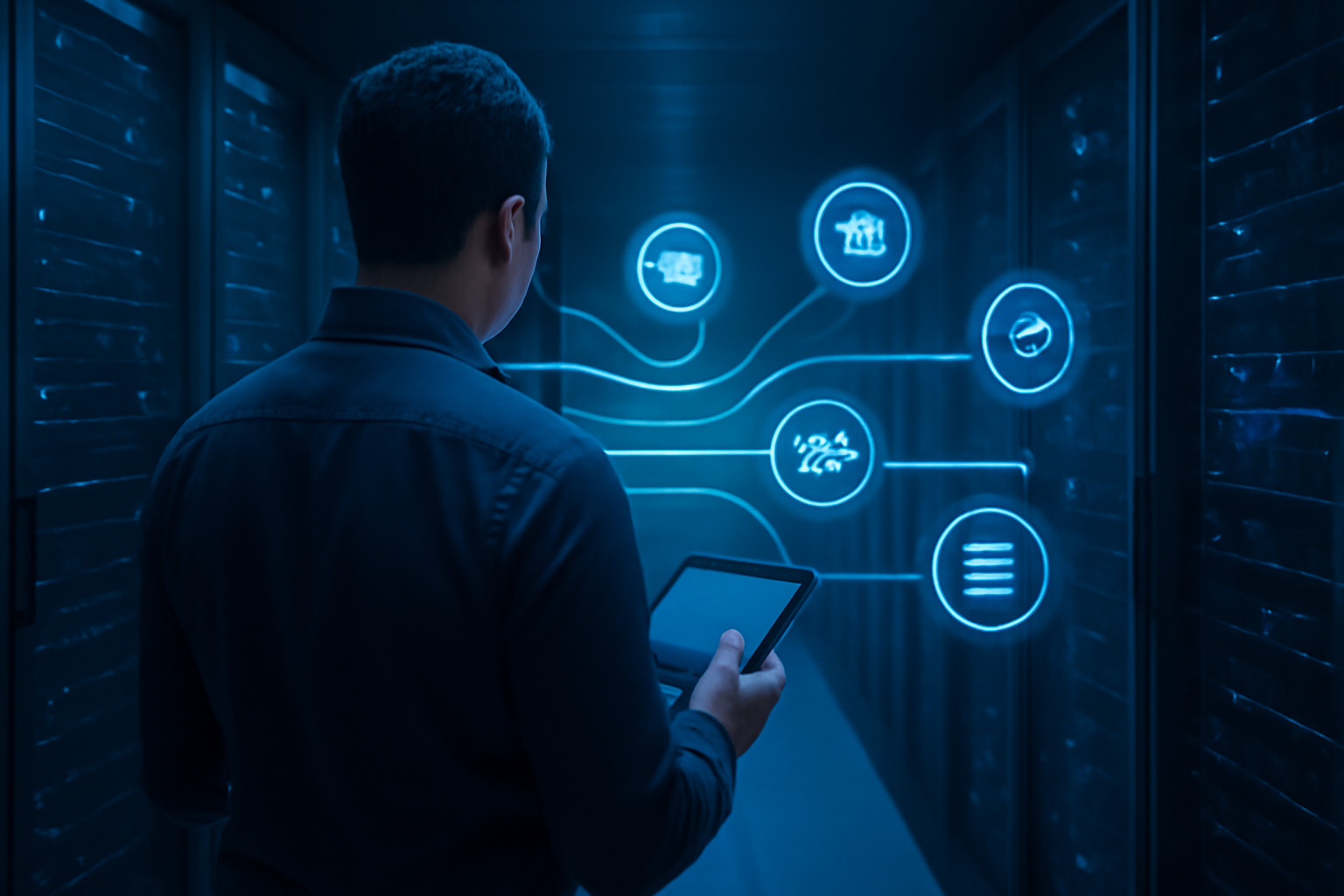Especialista avaliando a infraestrutura necessária para atualizar uma loja Adobe Commerce 2.4.9