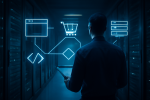 Especialista analisando sessões do carrinho Magento em ambiente de servidores