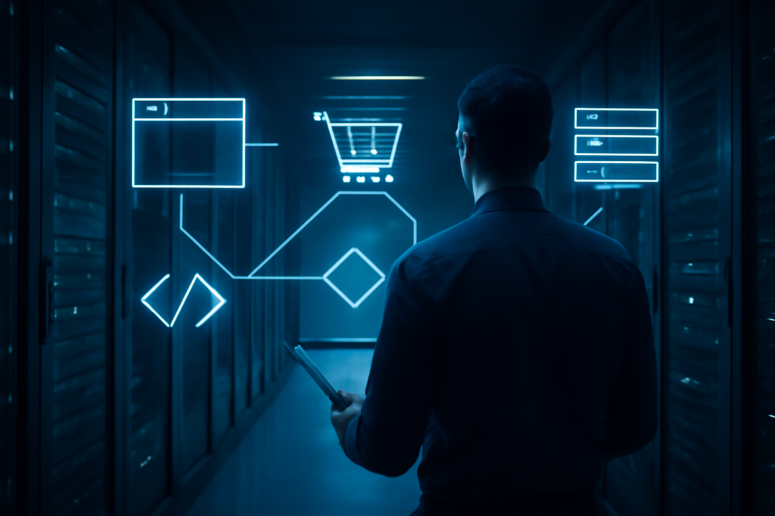 Especialista analisando sessões do carrinho Magento em ambiente de servidores