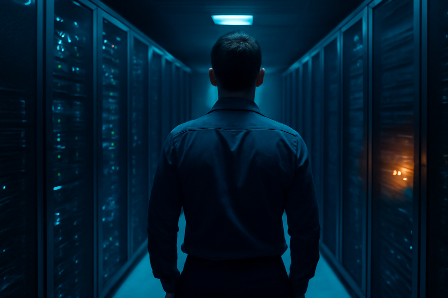 Técnico investigando erro 503 do Magento 2 em corredor de servidores