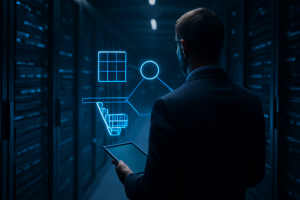 Especialista analisando o fluxo de compra de uma loja virtual em ambiente tecnológico