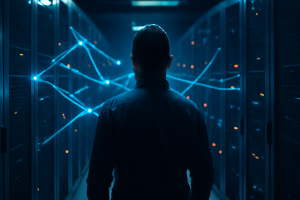 Especialista avaliando conexões de dados em infraestrutura de e-commerce headless