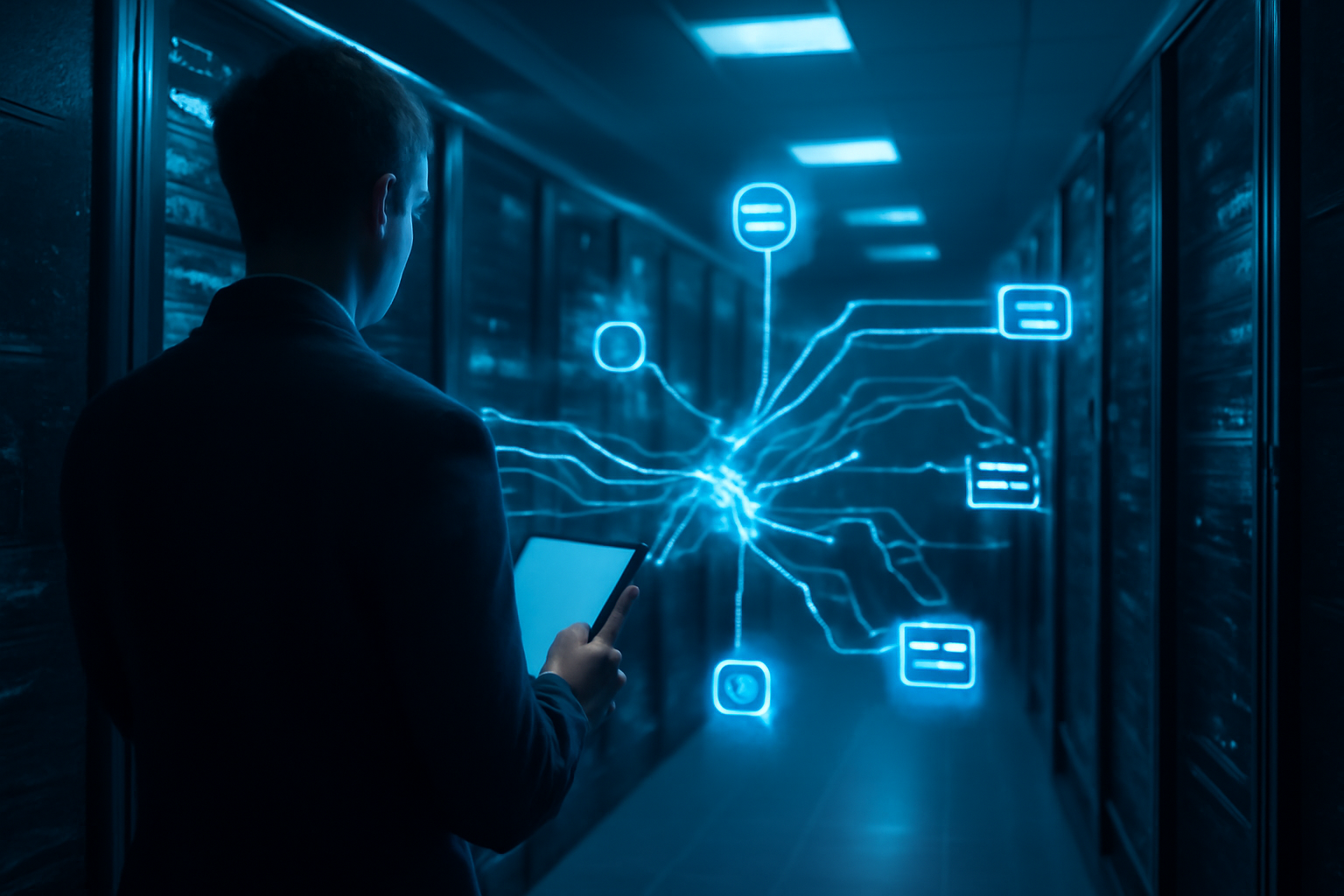 Profissional analisando dependências de infraestrutura do Adobe Commerce em um data center