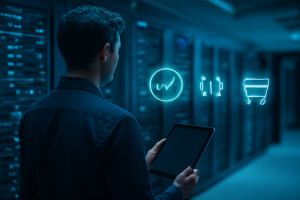 Especialista avaliando a infraestrutura necessária para atualizar o Adobe Commerce 2.4.9