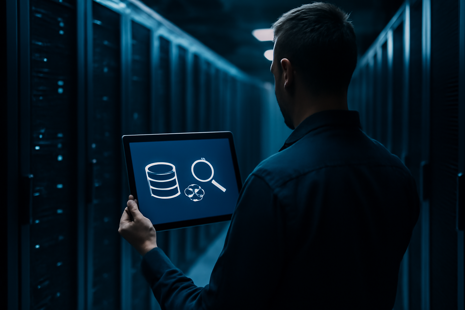 Profissional monitorando dependências de infraestrutura do Adobe Commerce em um data center