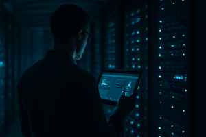 Especialista analisando rotinas do cron Magento 2 em uma sala de servidores