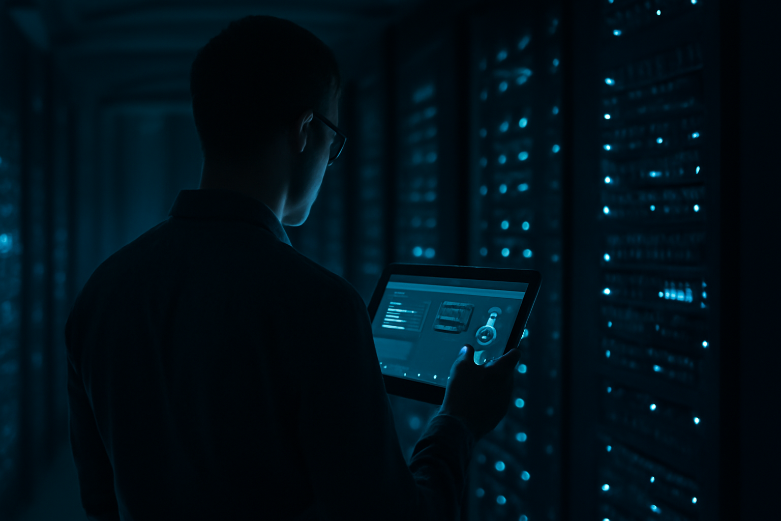 Especialista analisando rotinas do cron Magento 2 em uma sala de servidores