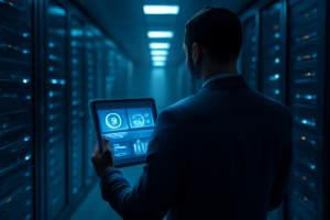 Especialista analisando erro 500 do Magento 2 em um data center