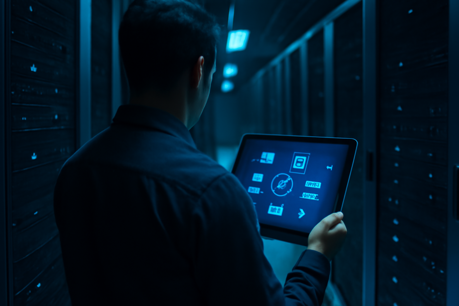Especialista analisando a sincronização de estoque de uma loja Magento em um data center
