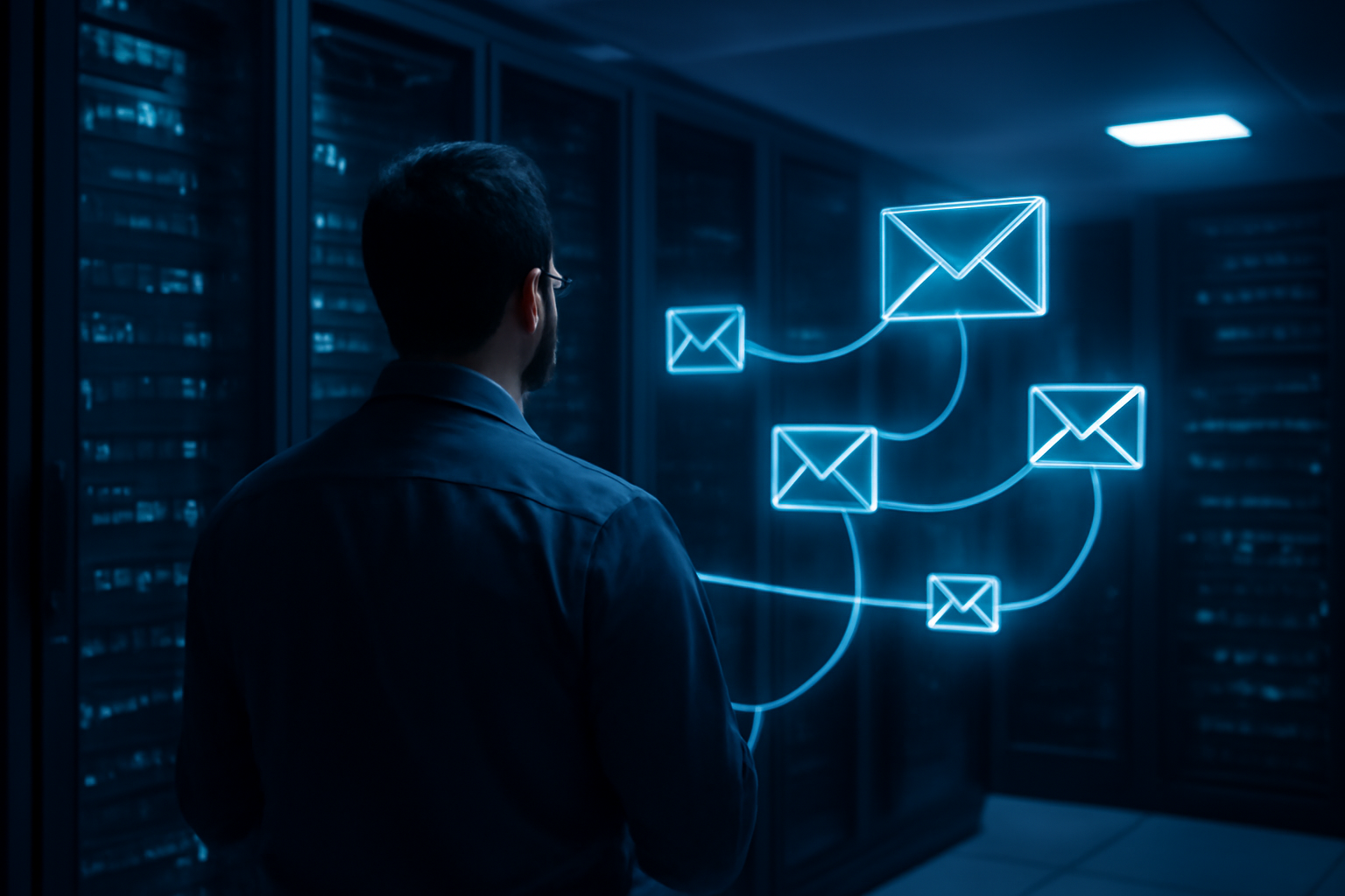 Técnico investigando falha no envio de e-mails do Magento 2 em ambiente de servidores