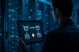 Especialista investigando pedidos duplicados no Magento 2 em ambiente de servidores