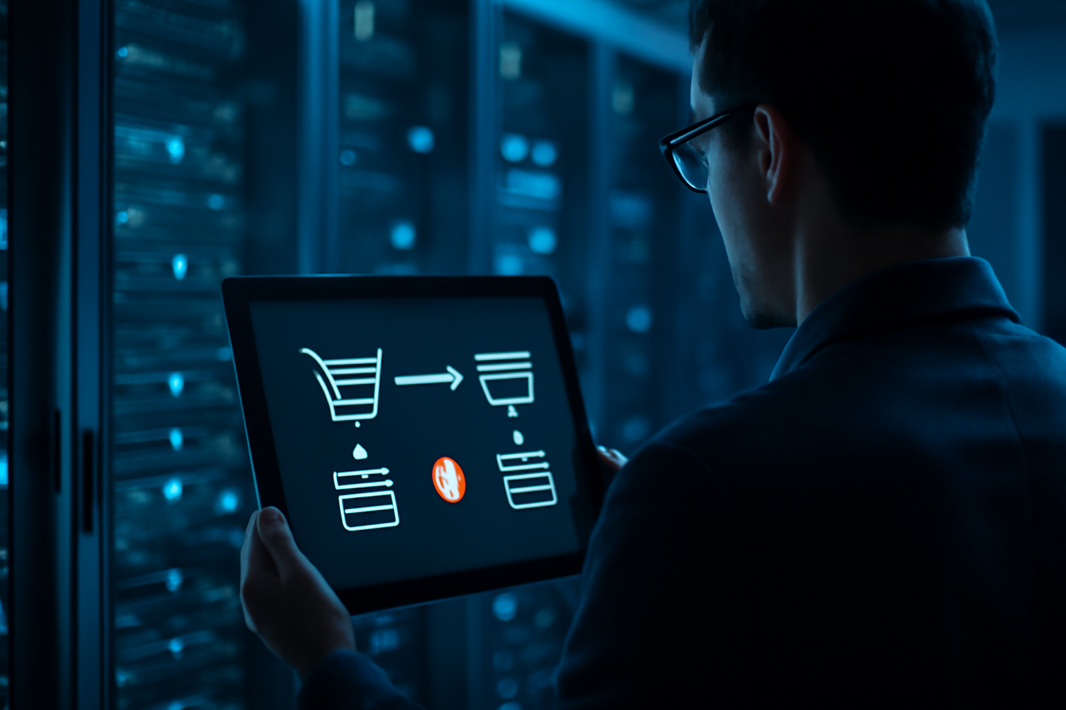 Especialista investigando pedidos duplicados no Magento 2 em ambiente de servidores